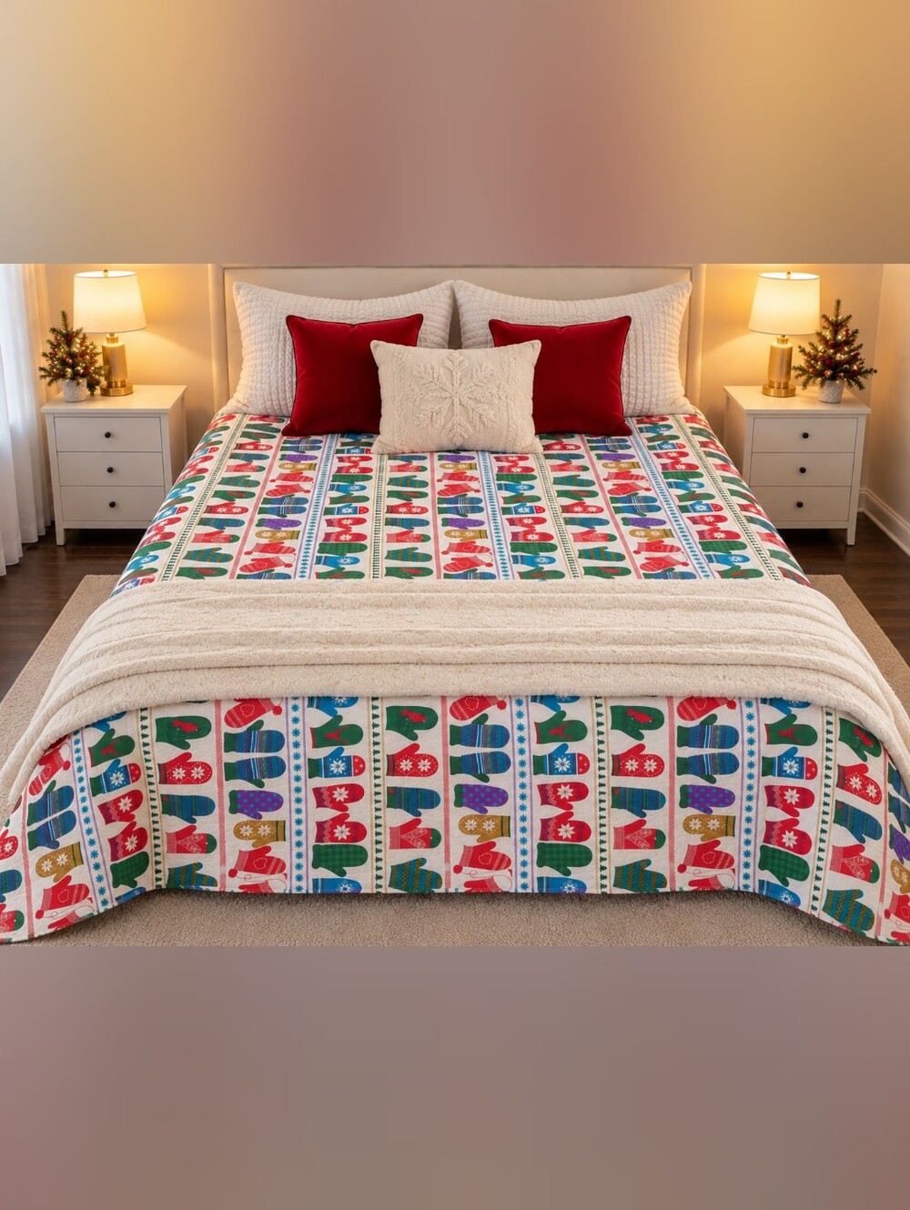 Festive Mittens Holiday Bedding Set - Red & Multicolor